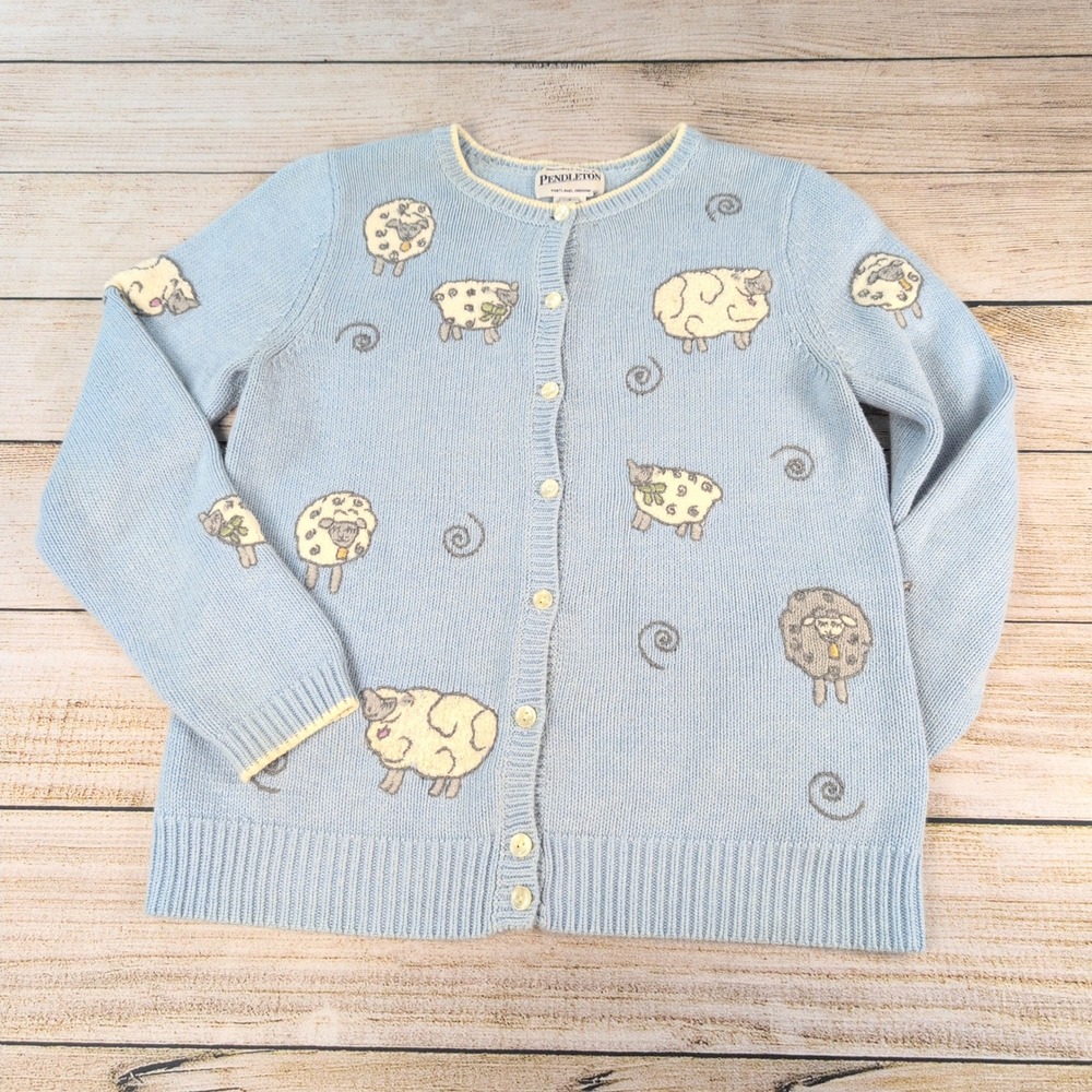 VTG 90s Y2k Pendleton Women Blue Cotton Sheep Cardigan Sweater S